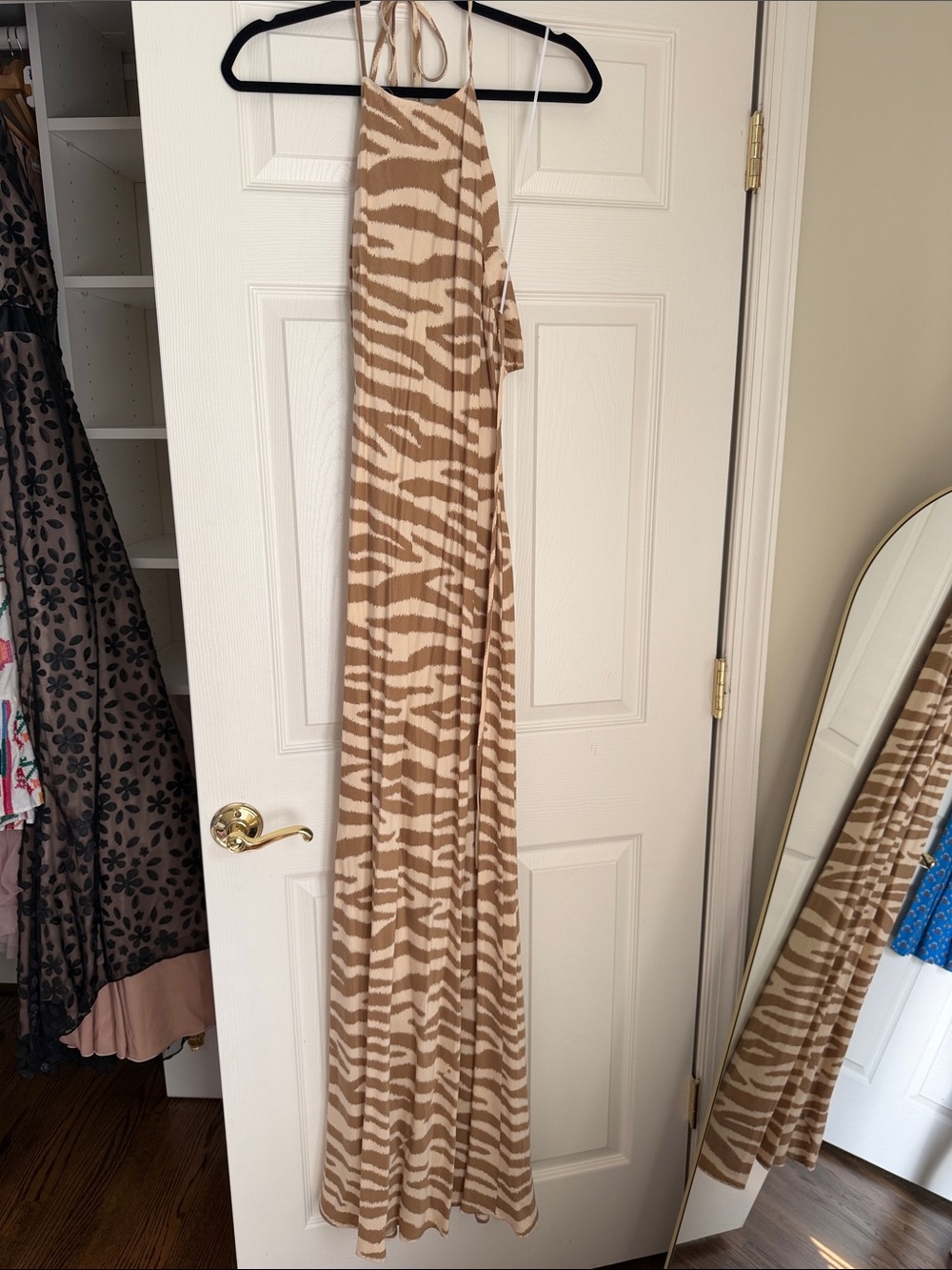 Reformation Tan and Cream Zebra Halter Maxi Dress